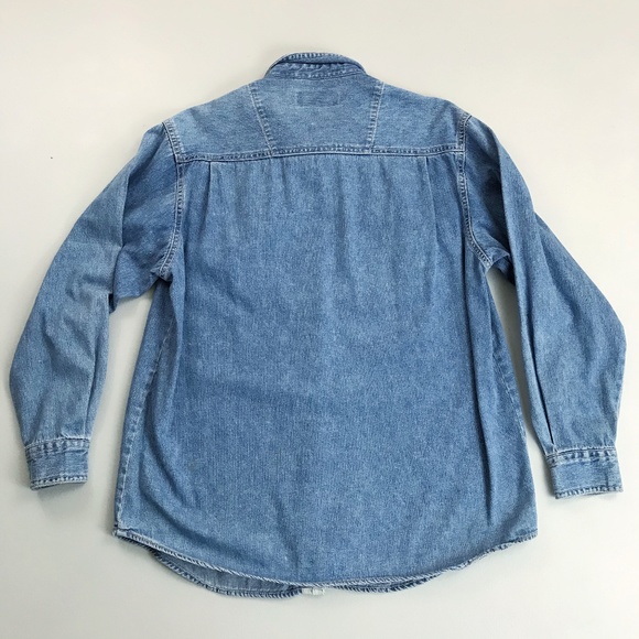 NEWTON TRADING CO. Distressed Denim Shirt Small Button Front Flannel Trim Worn - Picture 8 of 11